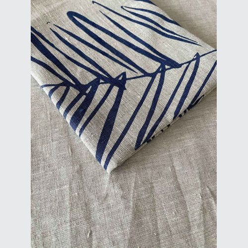 Hand-printed 100% Linen Tea Towel - Leaf, Navy Blue