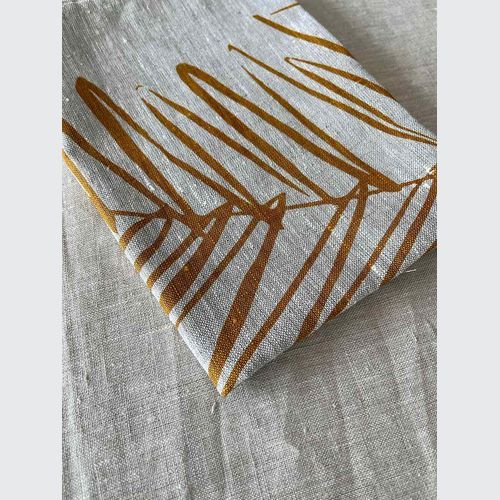 Hand-printed 100% Linen Tea Towel - Leaf, Mustard