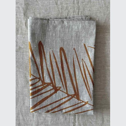 Hand-printed 100% Linen Tea Towel - Leaf, Mustard