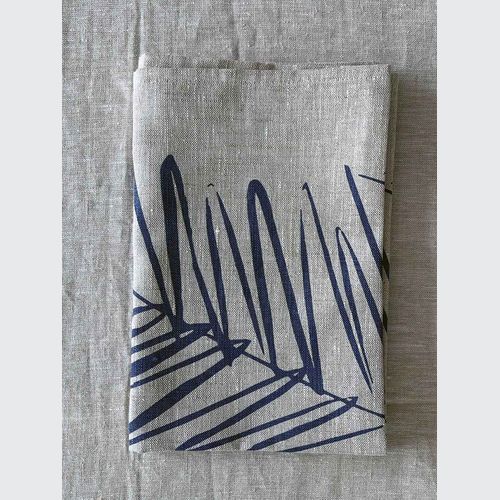 Hand-printed 100% Linen Tea Towel - Leaf, Navy Blue