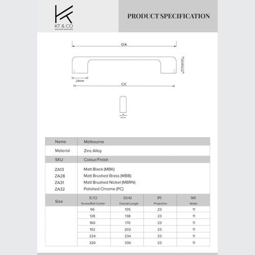 Kitchen handles melbourne Matt black /Brushed brass/Brushed nickel/Chrome