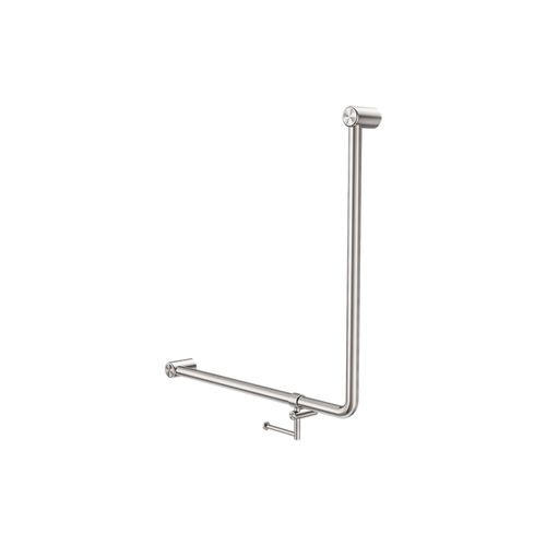 Mecca Care 32mm Ambulant 90 Degree Bent Tube Grab Rail 750X750mm With Toilet Roll Holder Brushed Nickel