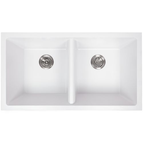 Keith 848x467 White Granite Double Bowl Sink