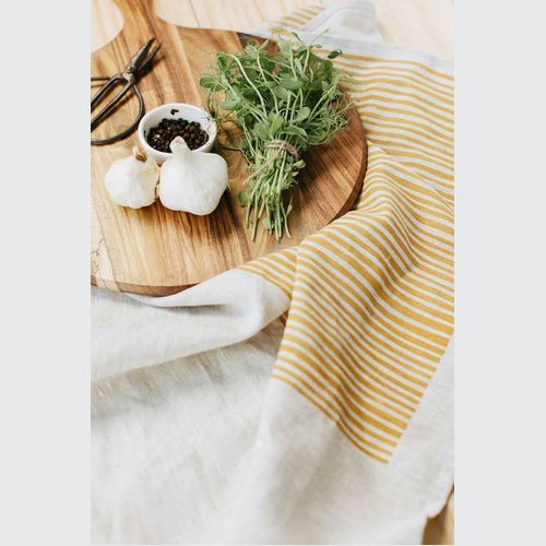 Hand-printed 100% Linen Tea Towel - Stripes, Mustard