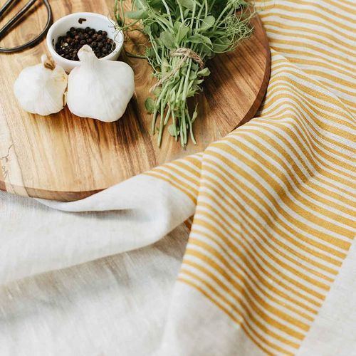 Hand-printed 100% Linen Tea Towel - Stripes, Mustard