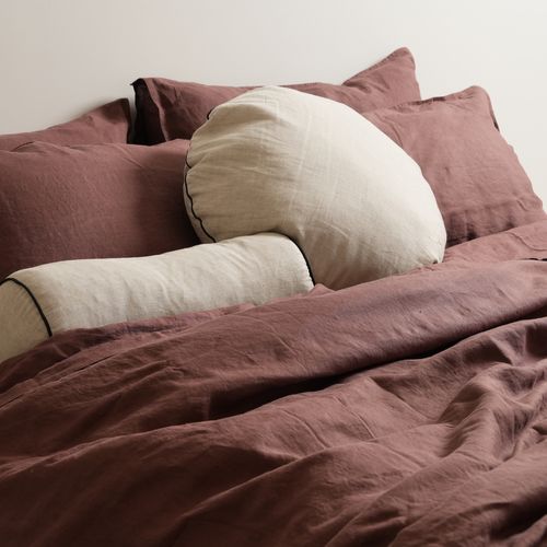 100% French Flax Linen Piped Feather Filled Bolster Cushion- Natural Oat/ Black