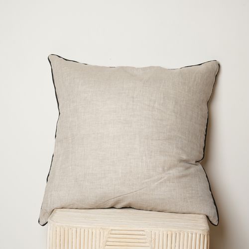 100% French Flax Linen Piped Feather Cushion - Nat/Blac