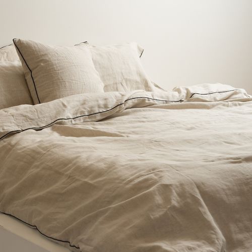 100% French Linen Piped Euro Pillowcase- Natural Oat /Black