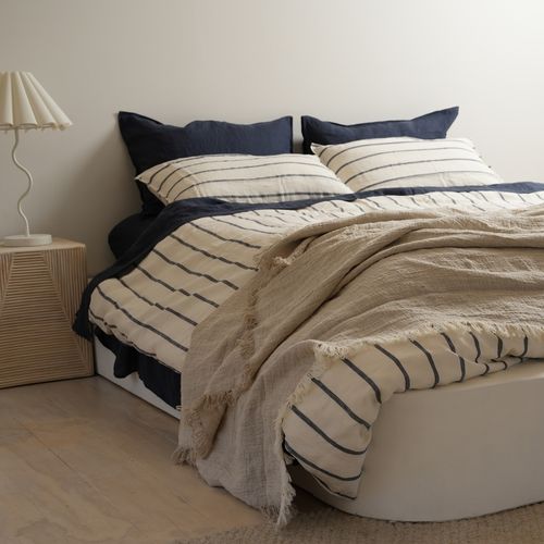 100% French Flax Linen Duvet Cover Set- Midnight Stripe