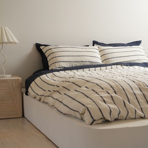 100% French Flax Linen Duvet Cover Set- Midnight Stripe
