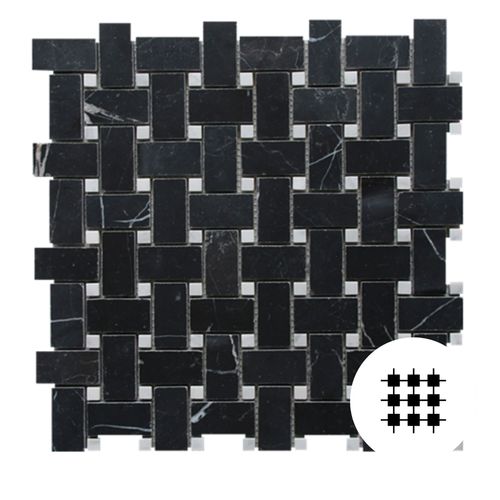 Nero Marquina Honed Basketweave With Carrara C Dots