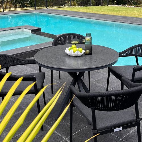 Adele Round Ceramic Table With Nivala Chairs 5pc Outdoor Dining Setting