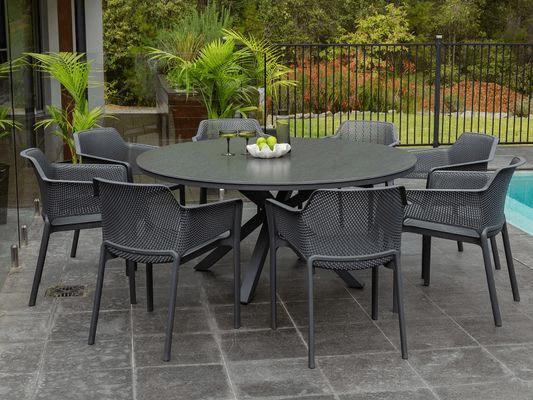 Adele Round Ceramic Table With Bailey Chairs 9pc Outdoor Dining Setting