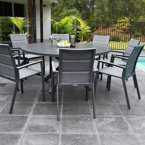 Adele Round Ceramic Table With Sevilla Padded Chairs 9pc Outdoor Dining Setting