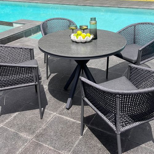 Adele Round Ceramic Table With Safara Chairs 5pc Outdoor Dining Setting