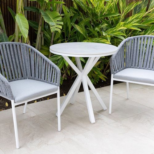 Adele Round Ceramic Table With Melang Chairs 3pc Outdoor Dining Setting