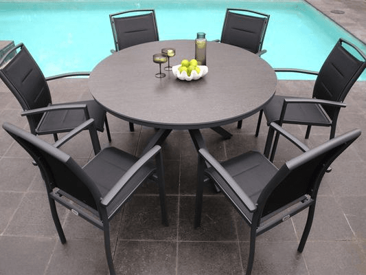 Adele Round Ceramic Table With Verde Chairs 7pc Outdoor Dining Setting