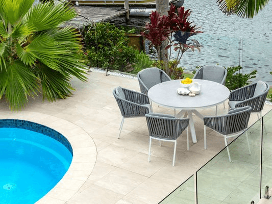 Adele Round Ceramic Table With Melang Chairs 7pc Outdoor Dining Setting