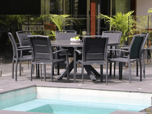 Adele Round Ceramic Table With Verde Chairs 9pc Outdoor Dining Setting