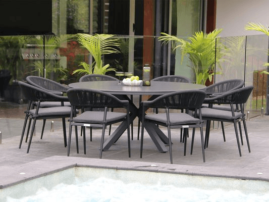 Adele Round Ceramic Table With Nivala Chairs 9pc Outdoor Dining Setting