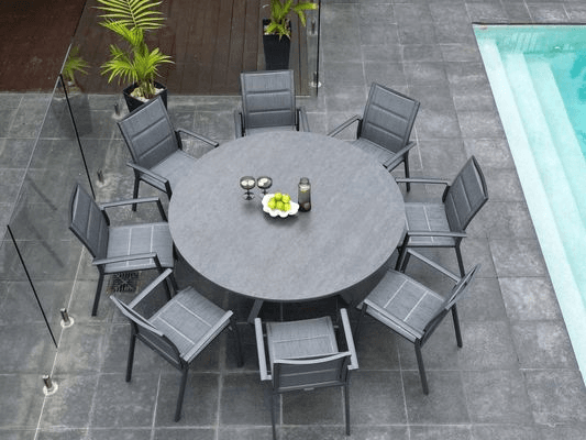 Adele Round Ceramic Table With Sevilla Padded Chairs 9pc Outdoor Dining Setting