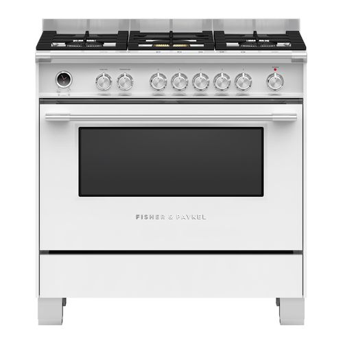 Freestanding Cooker, Dual Fuel, 90cm, 5 Burners, Self-cleaning, White