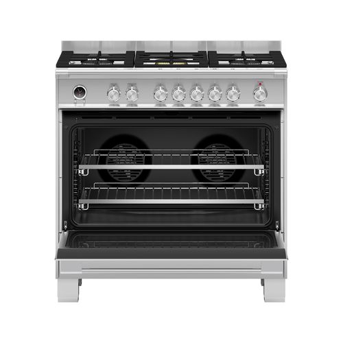 Freestanding Cooker, Dual Fuel, 90cm, 5 Burners, Self-cleaning, Stainless Steel