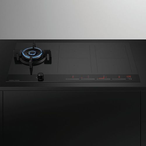 Gas + Induction Cooktop, 90cm, 1 Burner, 4 Zones with SmartZone, Black Glass