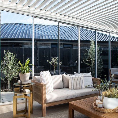 Glass Sliding Door For Caribbean Wall Mounted Pergola