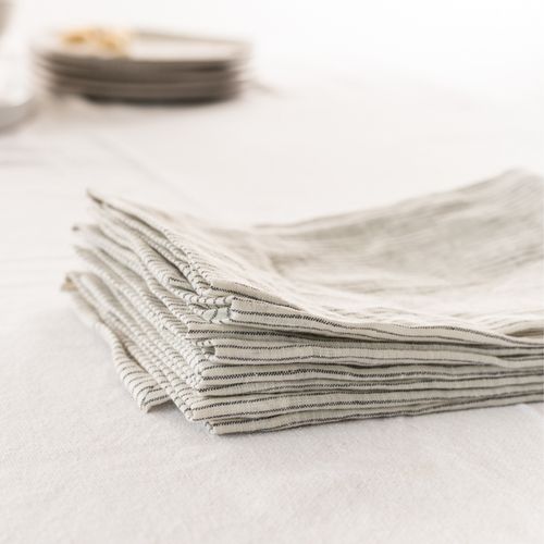 100% French Flax Linen Napkin- Set of 4 Charcoal Pinstripe