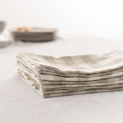 100% French Flax Linen Napkin- Set 4-Natural Gingham