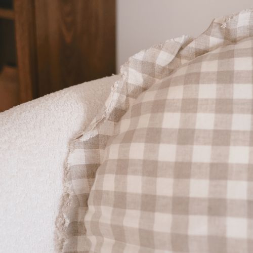 100% Flax Linen Round Feather Filled Cushion | Natural Gingham