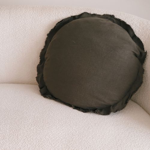 100% Flax Linen Round Feather Filled Cushion- Deep Moss