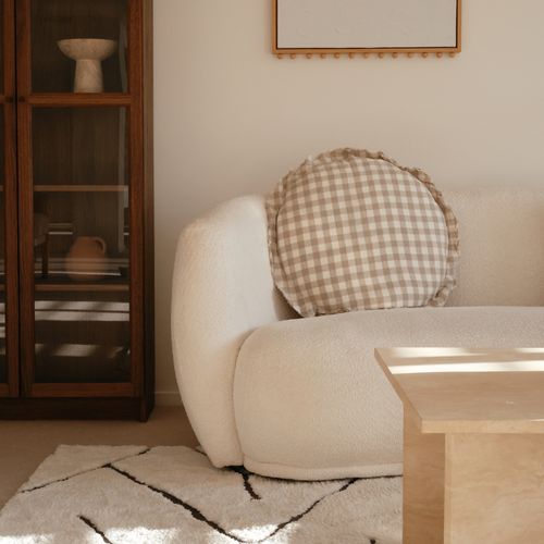 100% Flax Linen Round Feather Filled Cushion | Natural Gingham