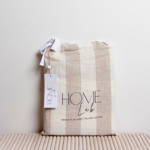 100% French Linen Pillowcase Pair - Wide Natural Stripe