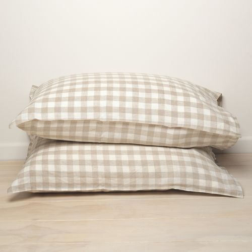 100% French Flax Linen Pillowcase Pair Natural Gingham