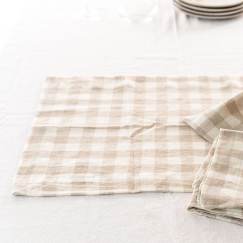 100% French Flax Linen Placemat Set 4- Natural Gingham