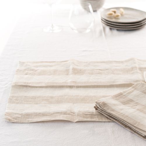 100% French Flax Linen Placemat Set 4- Wide Natural Stripe