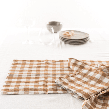 100% French Flax Linen Placemat Set 4- Ginger Gingham