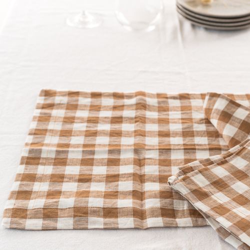 100% French Flax Linen Placemat Set 4- Ginger Gingham