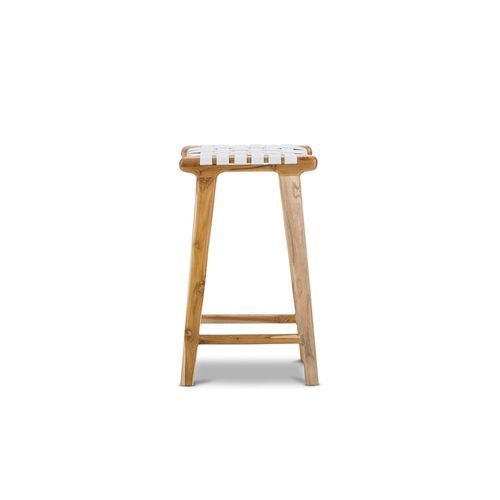 Lazie Leather Strapping Bar Stool | 66cm | Teak & White