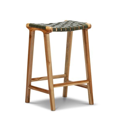 Lazie Leather Strapping Bar Stool 66cm | Teak & Olive