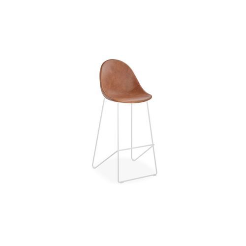 Pebble Stool Brown Upholstered Vintage Seat  - Counter Stool 65cm Seat - White Base