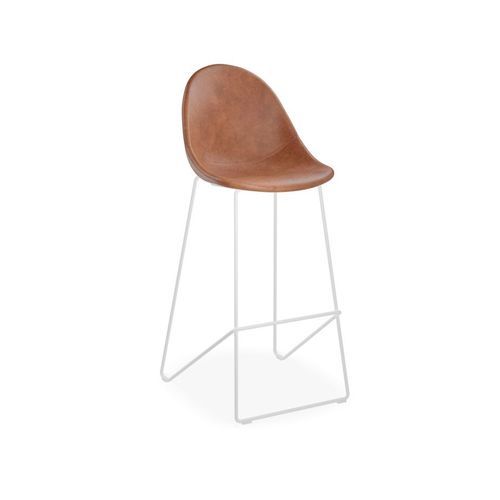 Pebble Stool Brown Upholstered Vintage Seat  - Counter Stool 65cm Seat - White Base