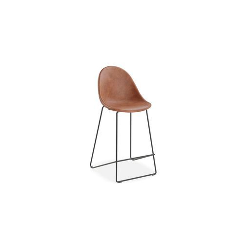 Pebble Stool Brown Upholstered Vintage Seat  - Counter Stool 65cm Seat - Black Base
