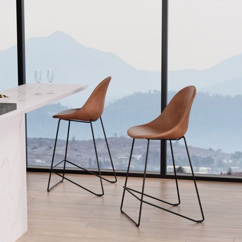 Pebble Stool Brown Upholstered Vintage Seat  - Counter Stool 65cm Seat - Black Base