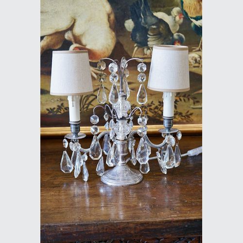 French Antique Silver & Glass Girandole Lamps