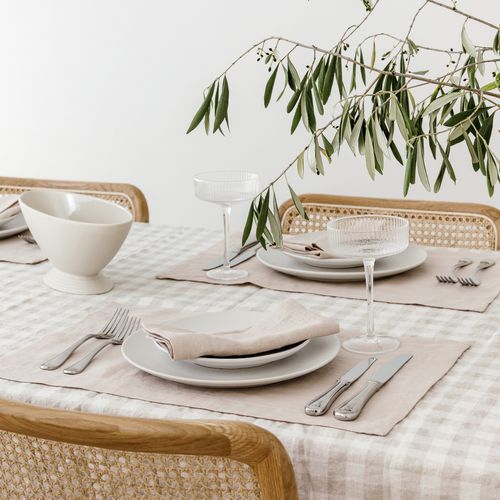 100% French Flax Linen Tablecloth- Natural Gingham