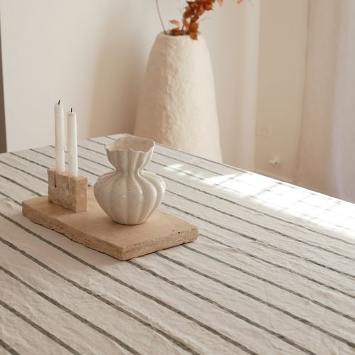 100% French Flax linen Tablecloth- Lichen Stripe