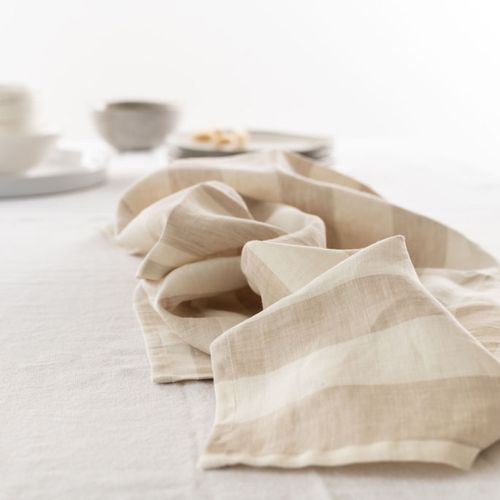 100% French Linen Tea Towel - Set 2-Wide Natural Stripe